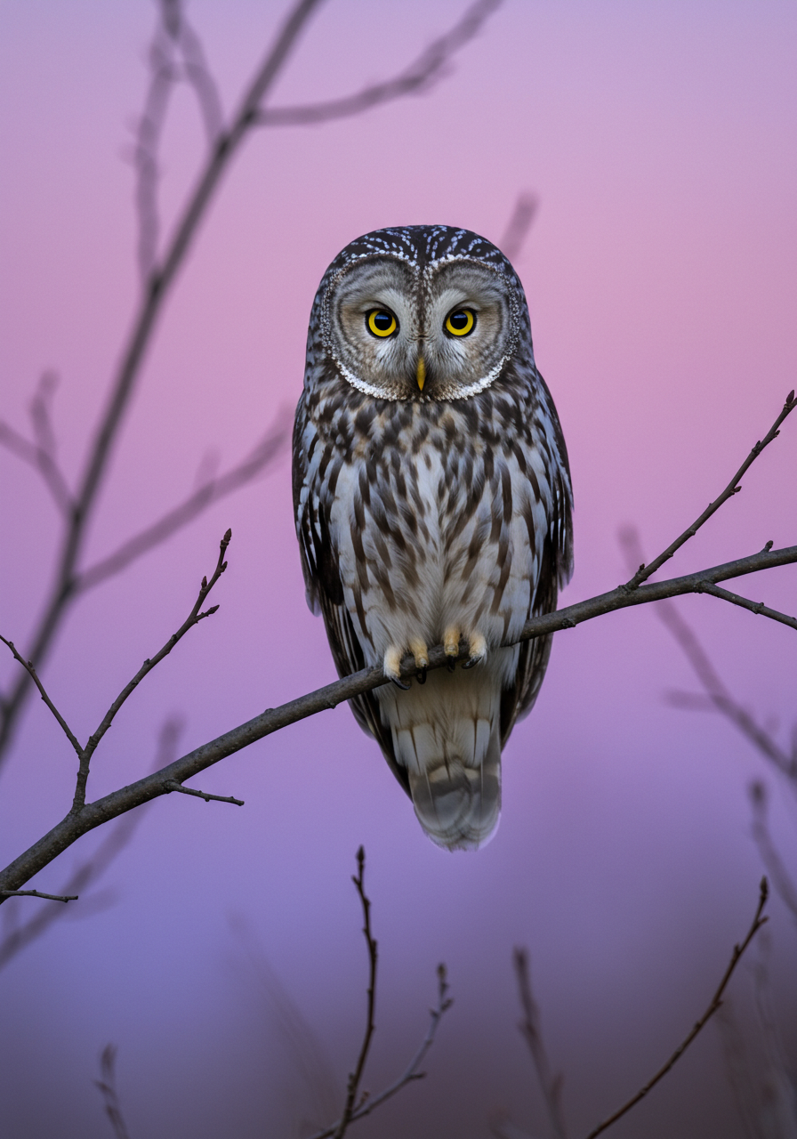 Majestic Owl Perched On Branch Against Beautiful Pink Sunset Sky