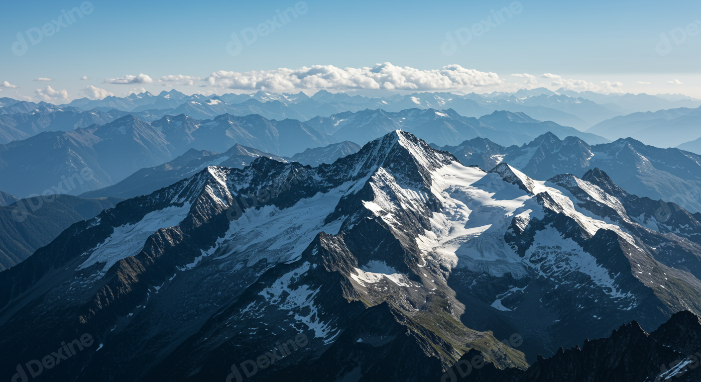 Majestic Snow Capped Mountain Range Panorama With Alpine Peaks And Glaciers