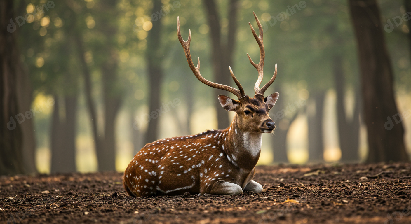 Majestic Spotted Deer With Antlers Resting Peacefully In Forest