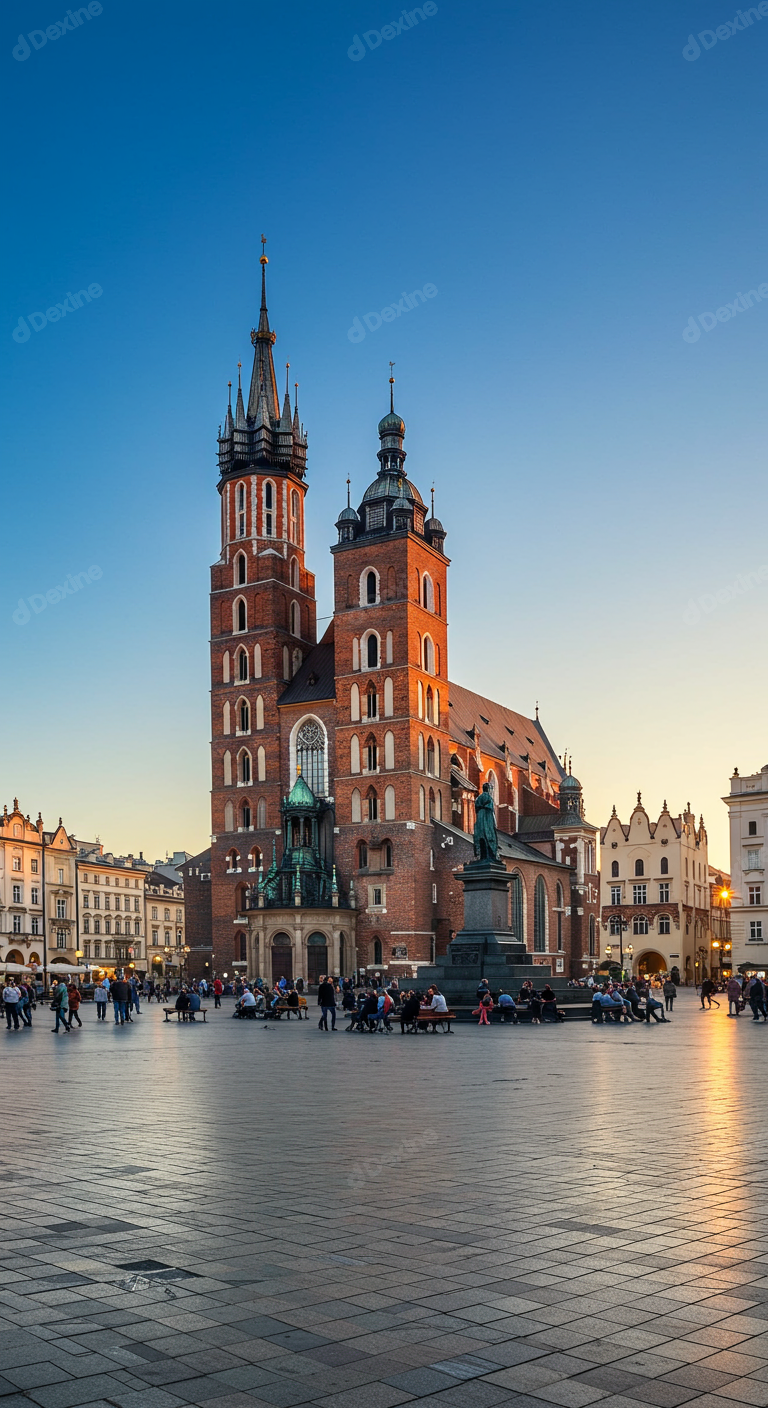 Majestic St Marys Basilica At Sunset In Krakows Old Town Square