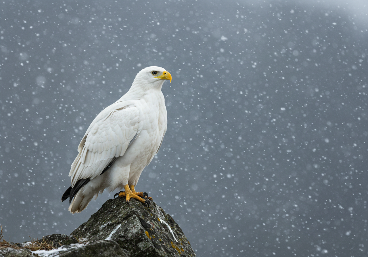 Majestic White Eagle Perched On Rock During Heavy Winter Snowfall