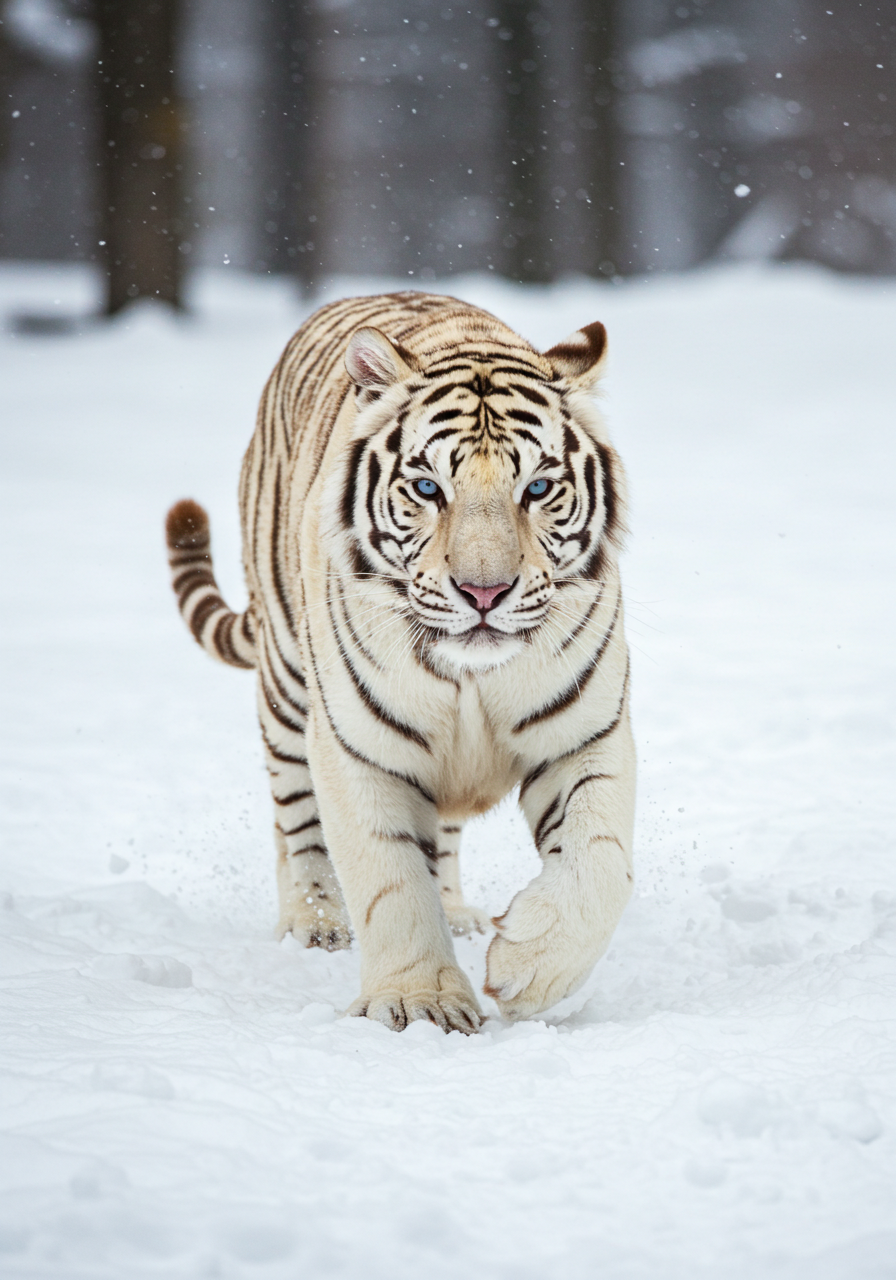 Majestic White Tiger With Piercing Blue Eyes In Snowy Forest