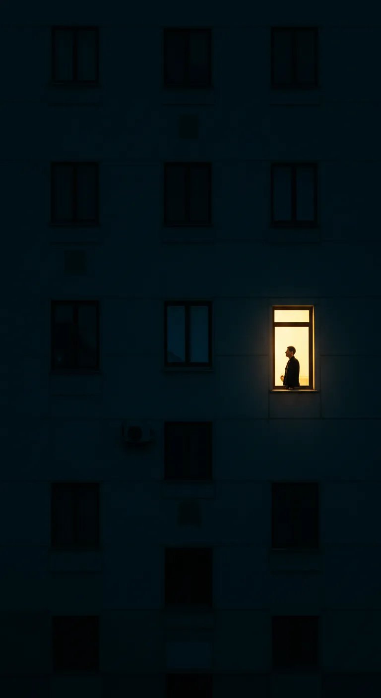 Man Silhouetted In Brightly Lit Window Of Dark Building At Night