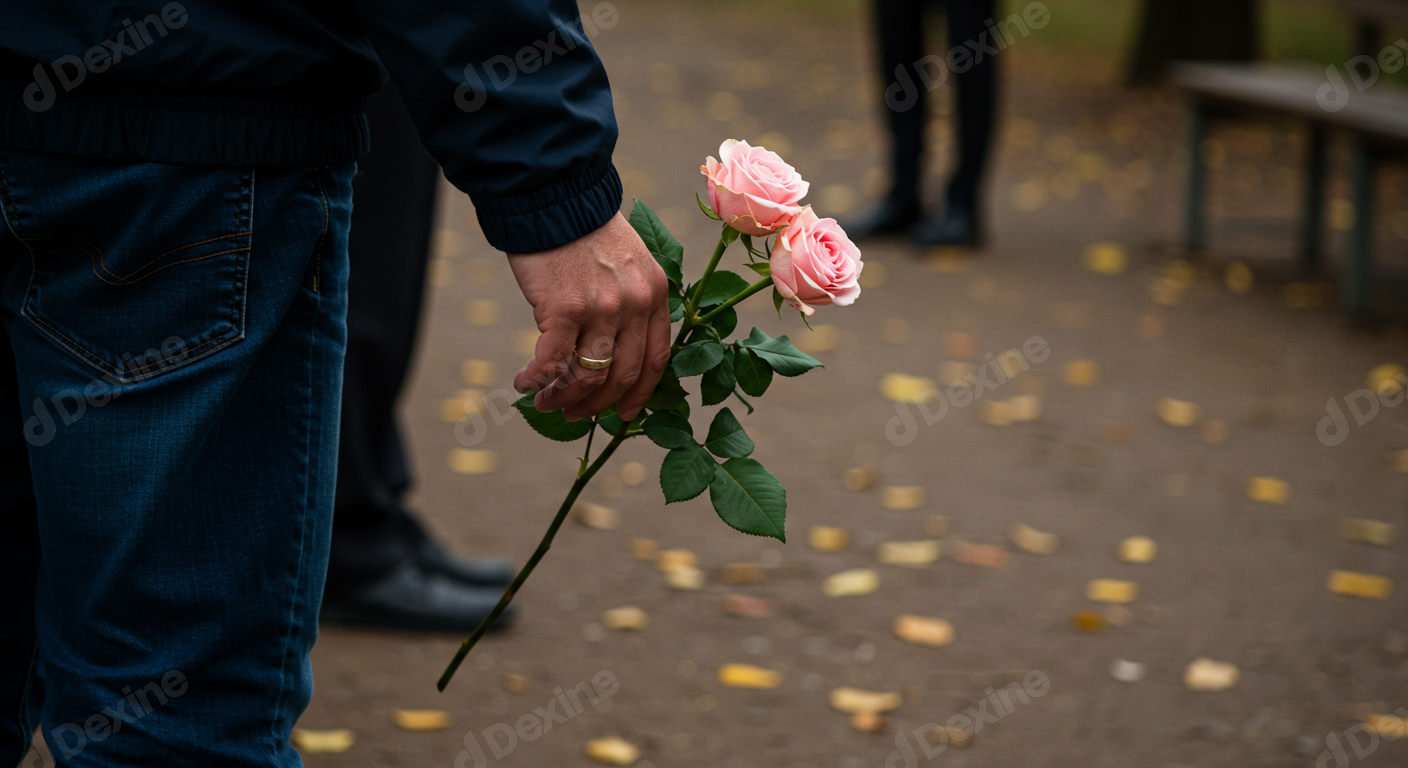 Mans Hand Holding Pink Roses With Wedding Ring