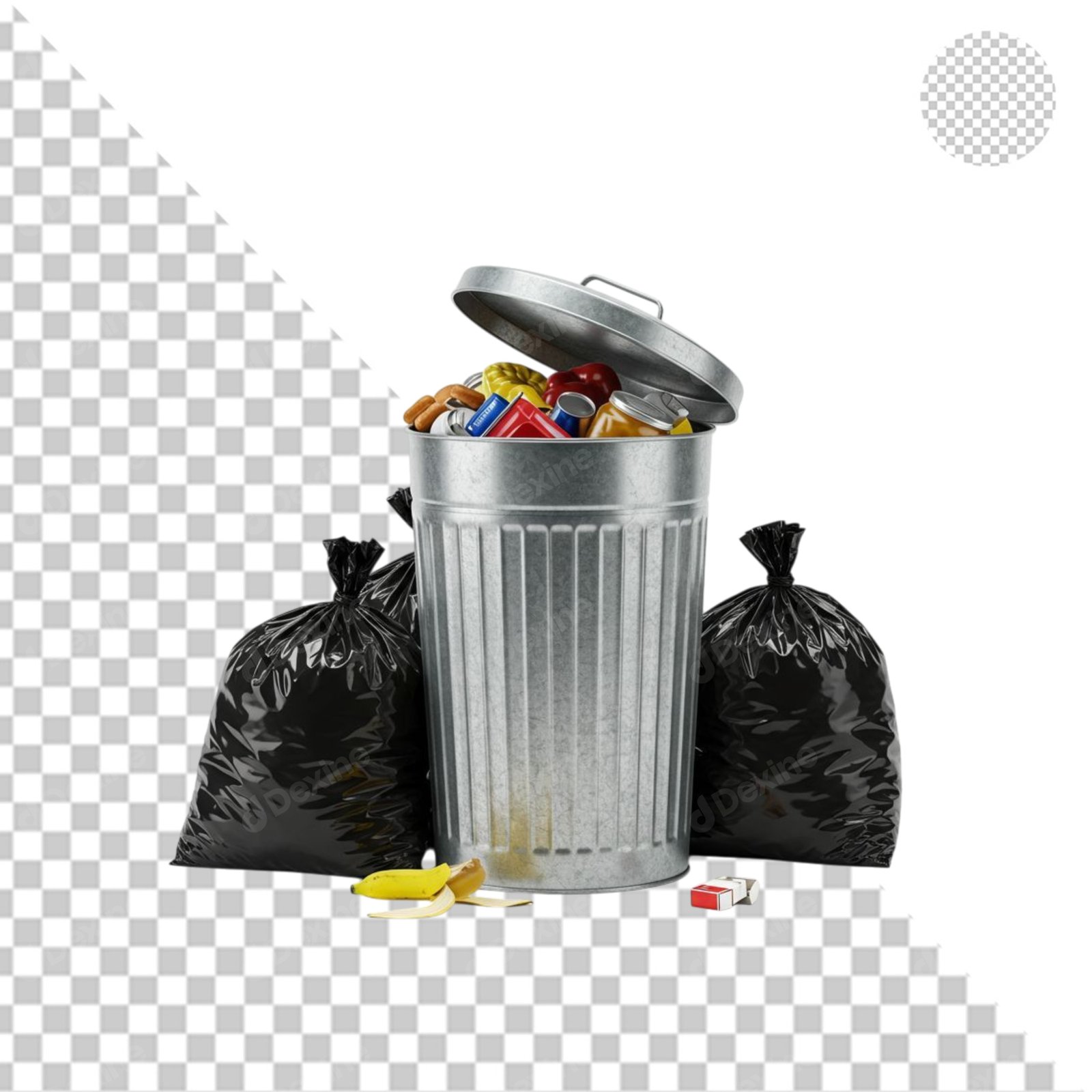 Metal Trash Can Overflowing With Waste And Garbage Bags Isolated