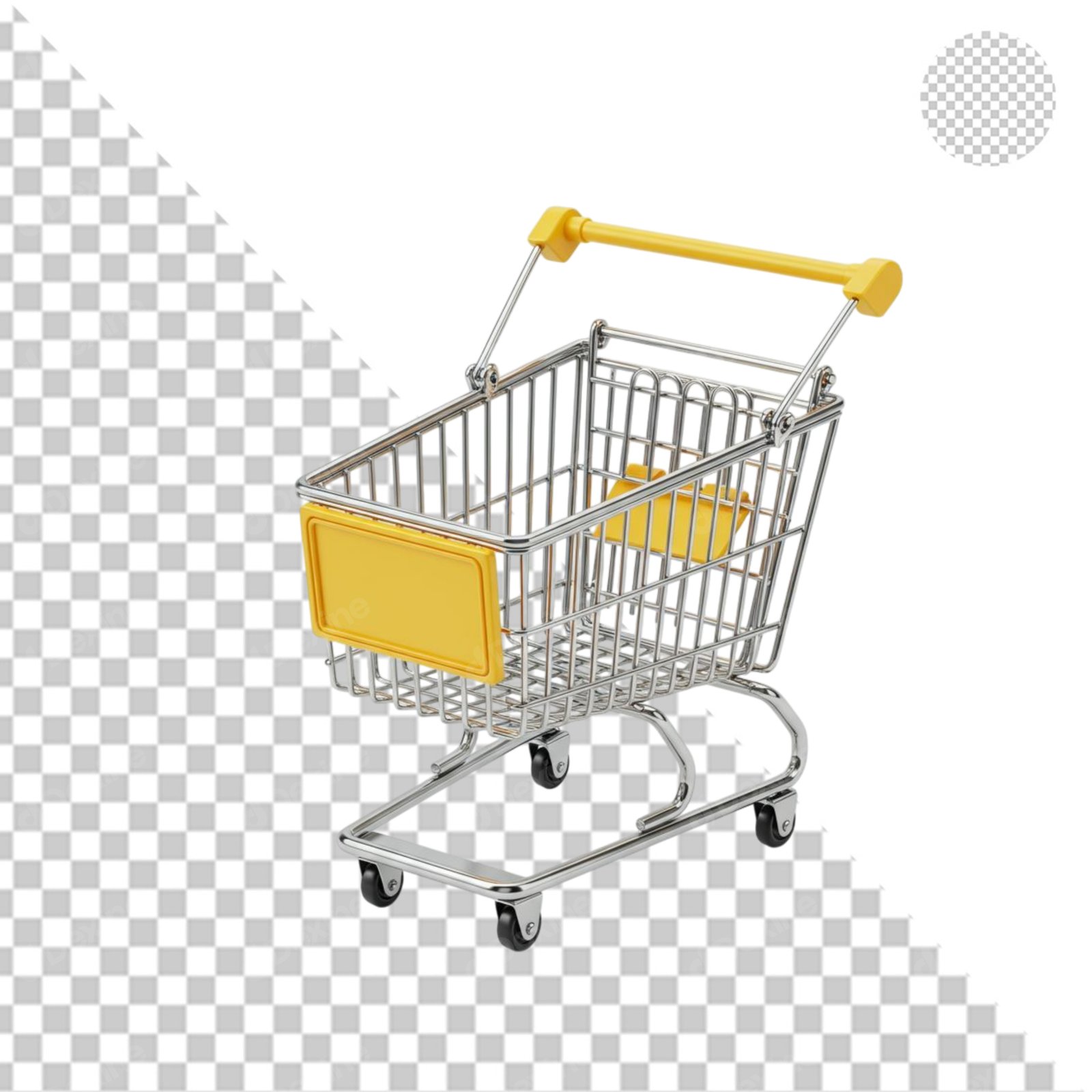 Miniature Shopping Cart With Yellow Handle On Transparent Background