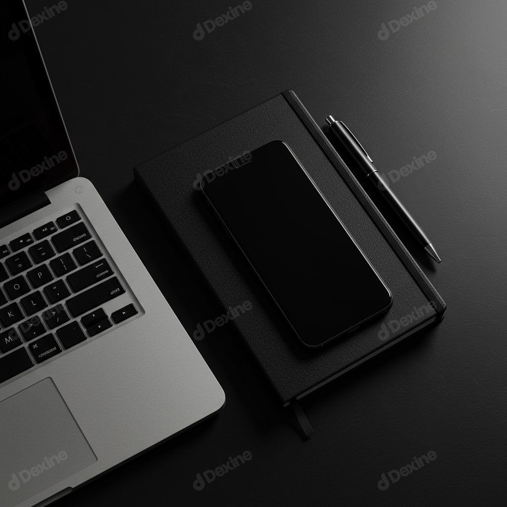 Minimalist Black Workspace With Laptop Smartphone And Notebook