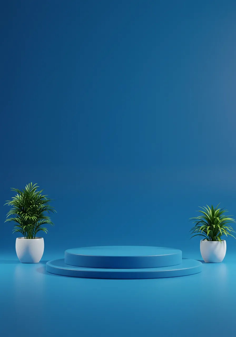 Minimalist Blue Podium With Potted Plants For Product Display