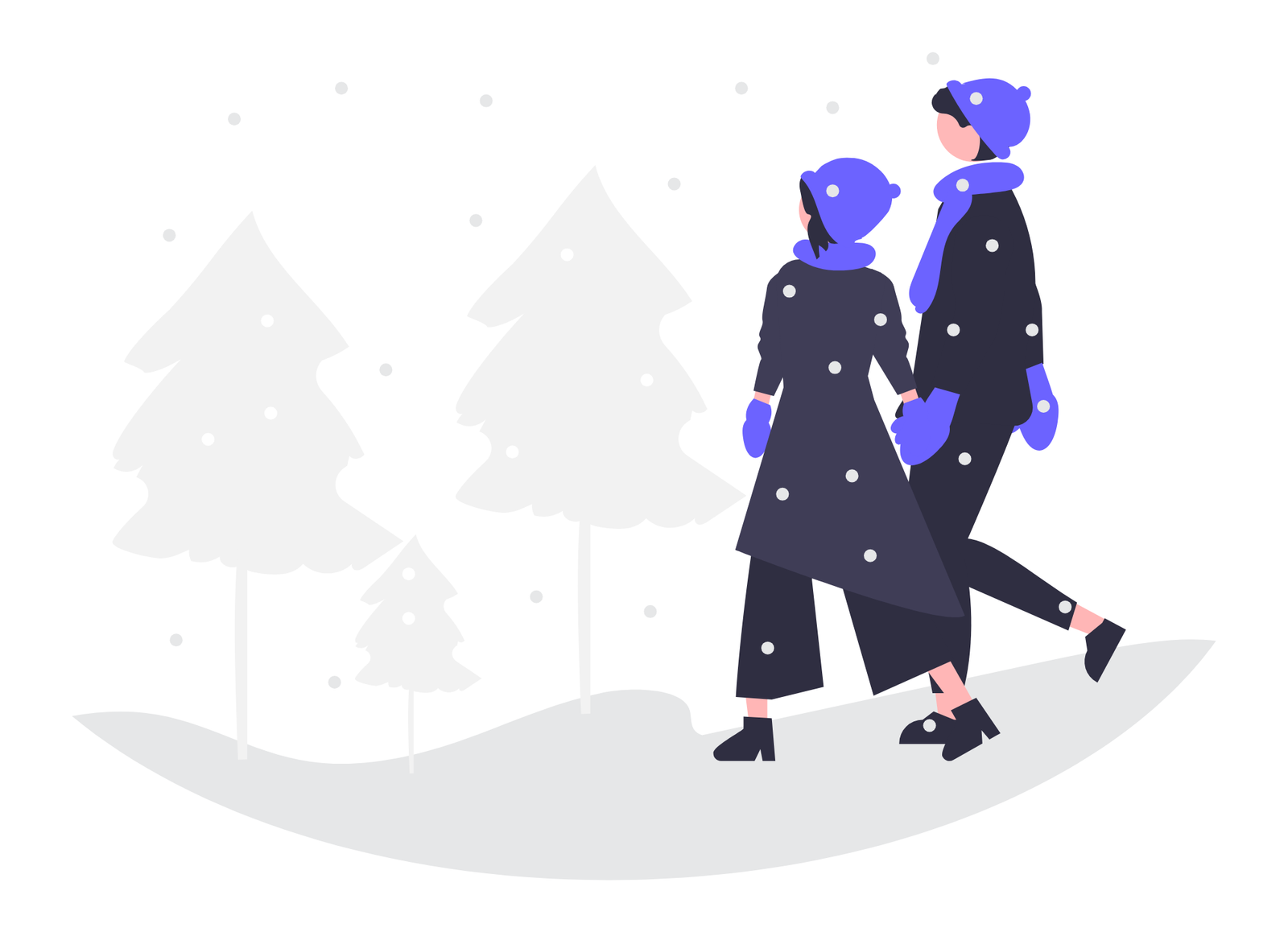 Minimalist Flat Design Illustration Of Couple On Winter Snowy Walk