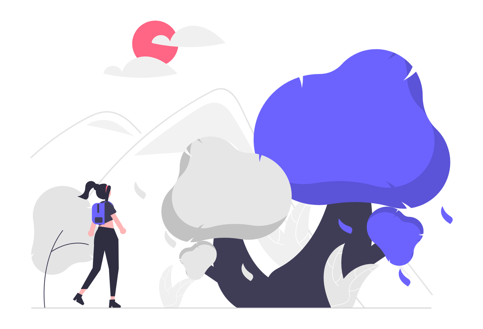 Minimalist Flat Design Illustration Of Female Hiker In Scenic Nature