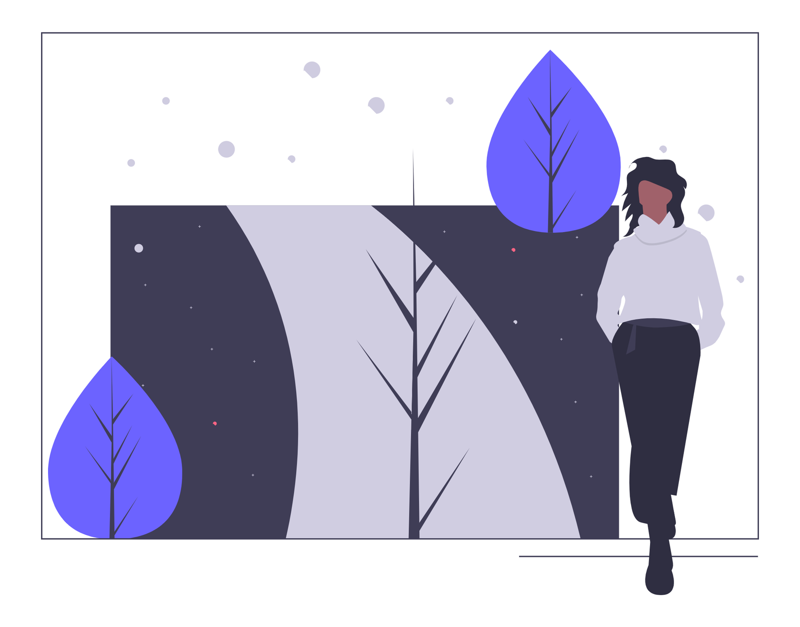 Minimalist Flat Design Illustration Of Woman Walking In Stylized Nature