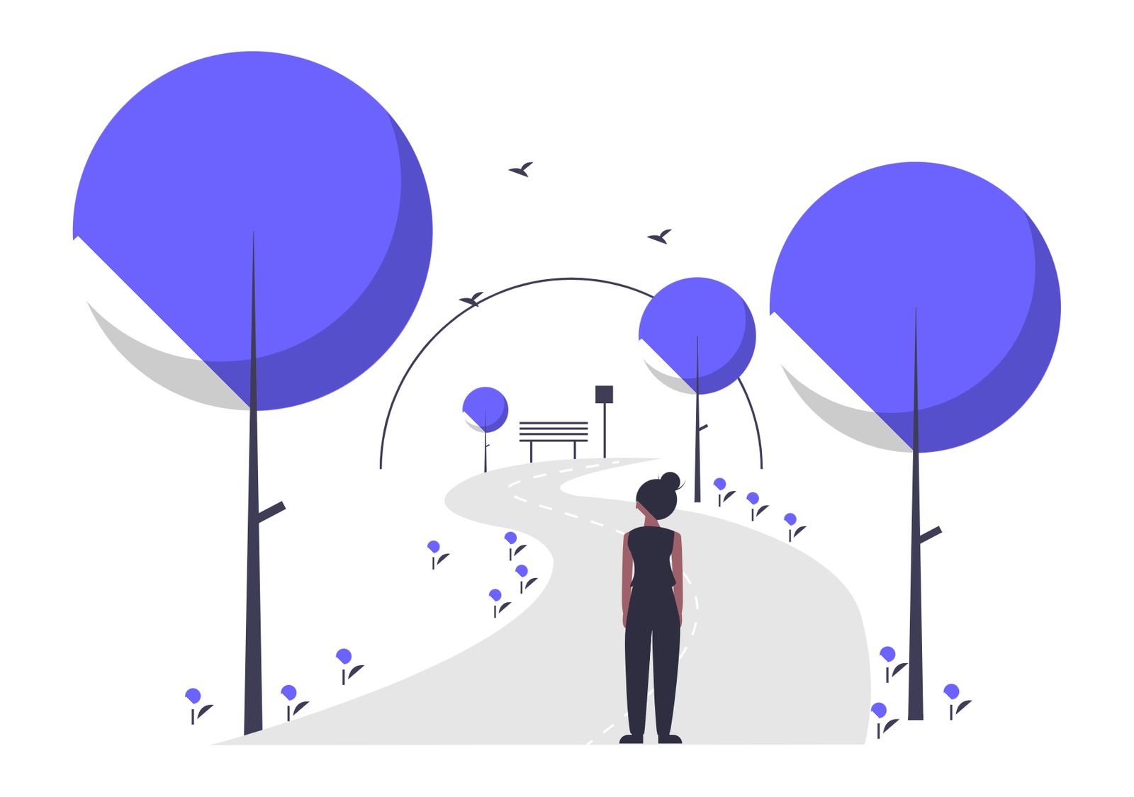 Minimalist Flat Design Woman Walking In Serene Park