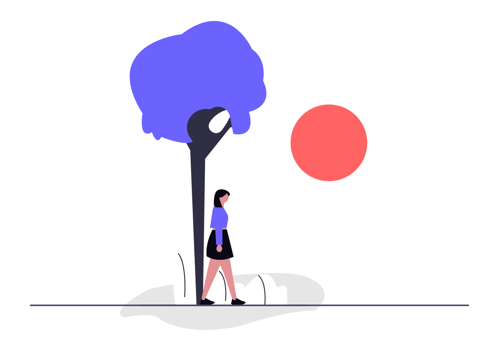 Minimalist Flat Illustration Of Person Walking Past A Tree At Sunset