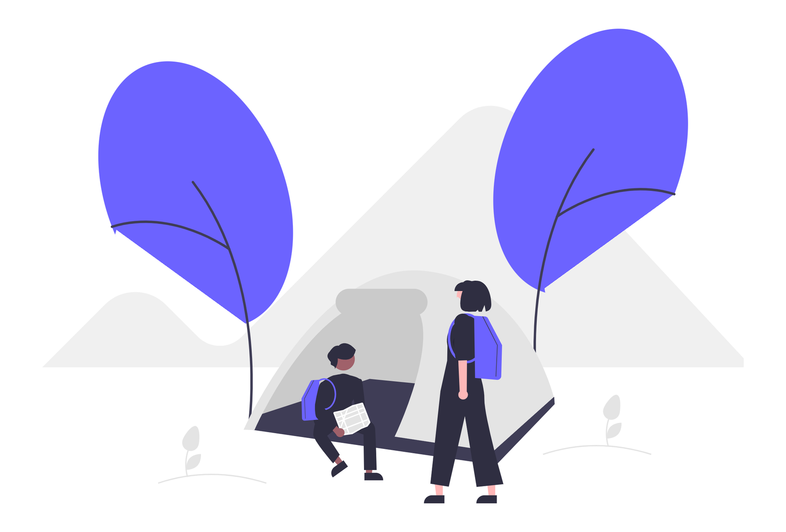 Minimalist Flat Illustration Of Two People Camping In Nature