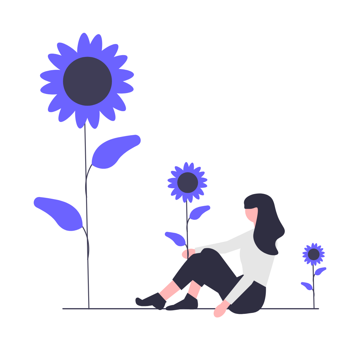 Minimalist Flat Illustration Of A Woman Sitting With Stylized Flowers