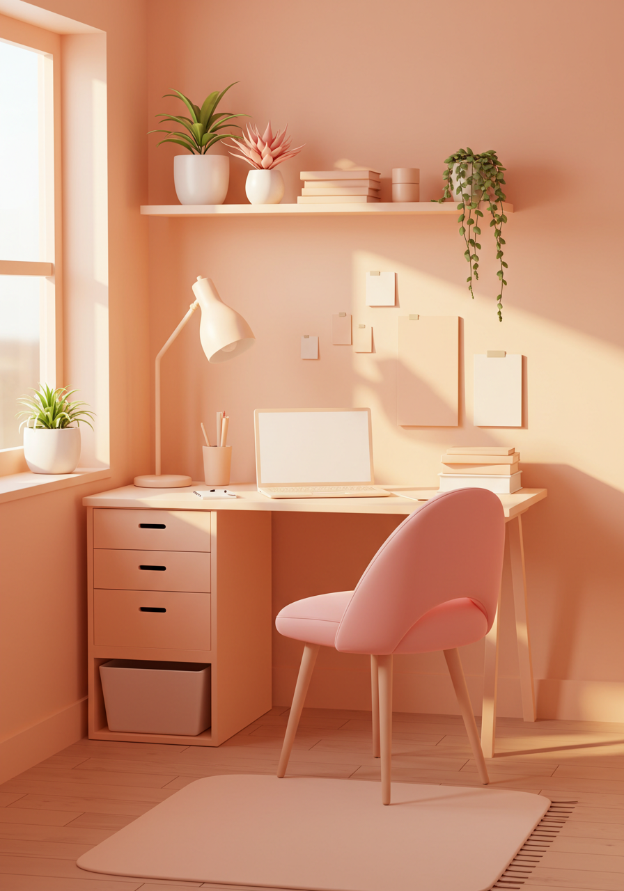 Minimalist Home Office With Peach Tones Laptop And Warm Sunlight