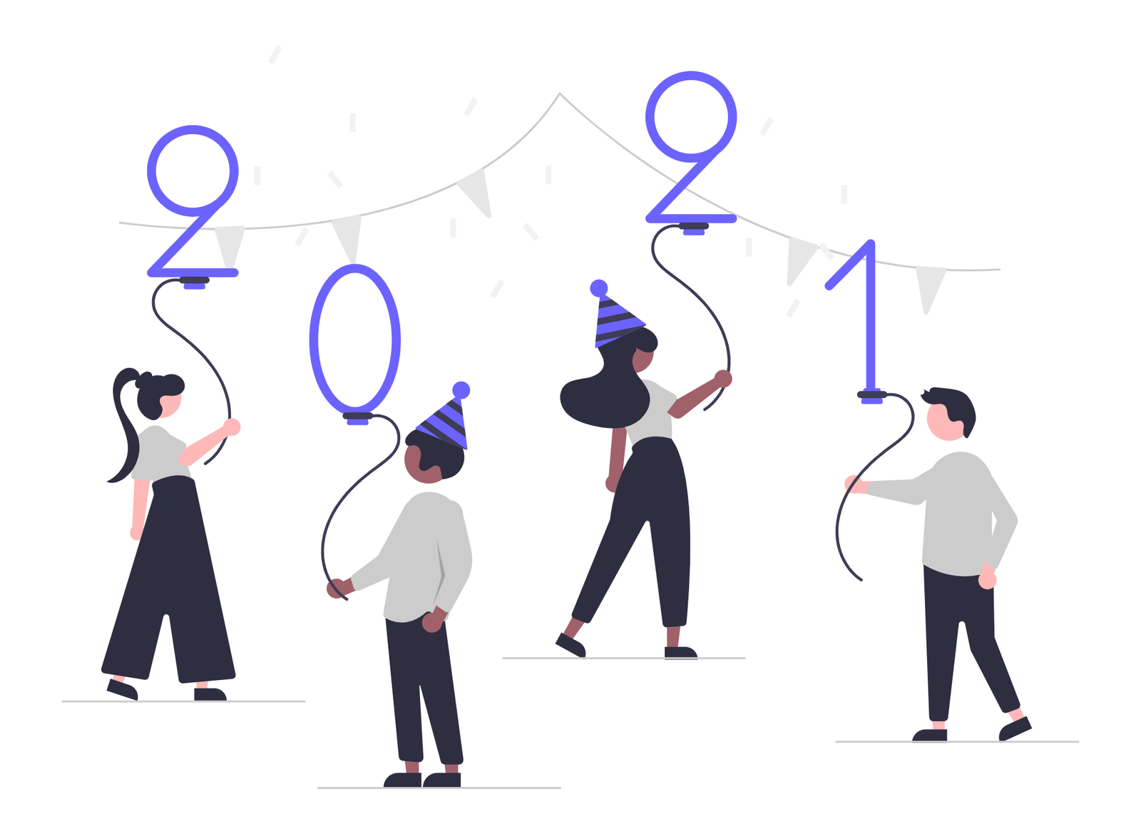 Minimalist Illustration Of Diverse People Celebrating New Year 2021