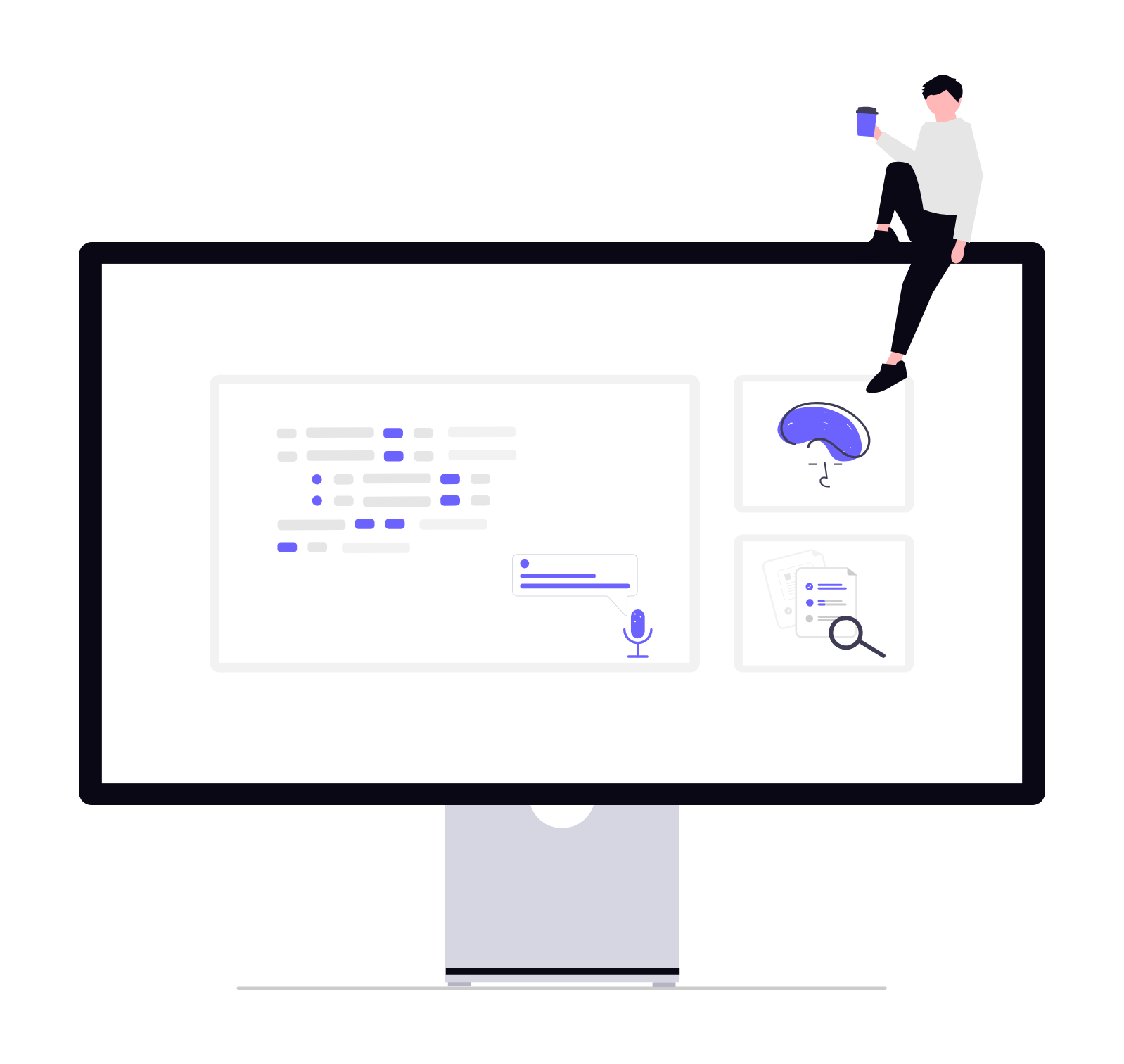 Minimalist Illustration Of Person Interacting With AI And Technology On Monitor