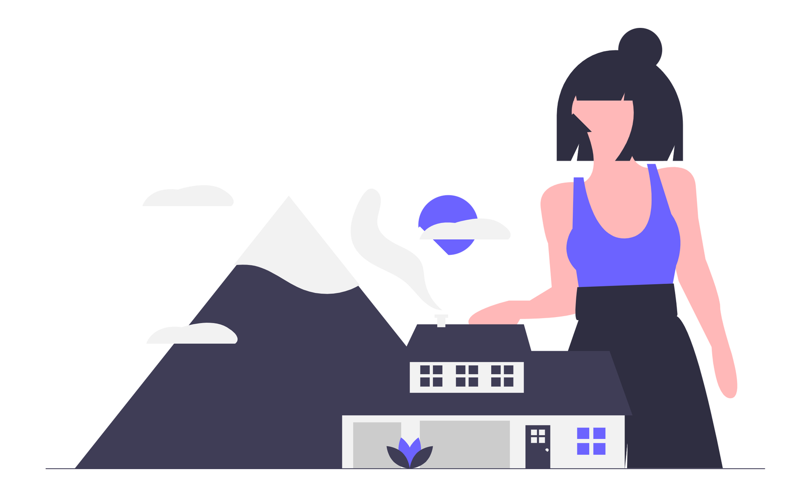 Minimalist Illustration Of Woman Home And Mountain Landscape