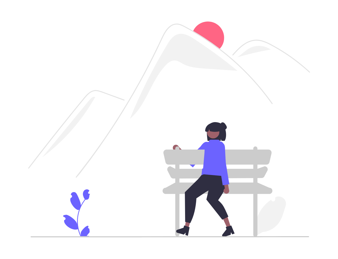 Minimalist Illustration Of Woman Relaxing On Bench With Mountain View