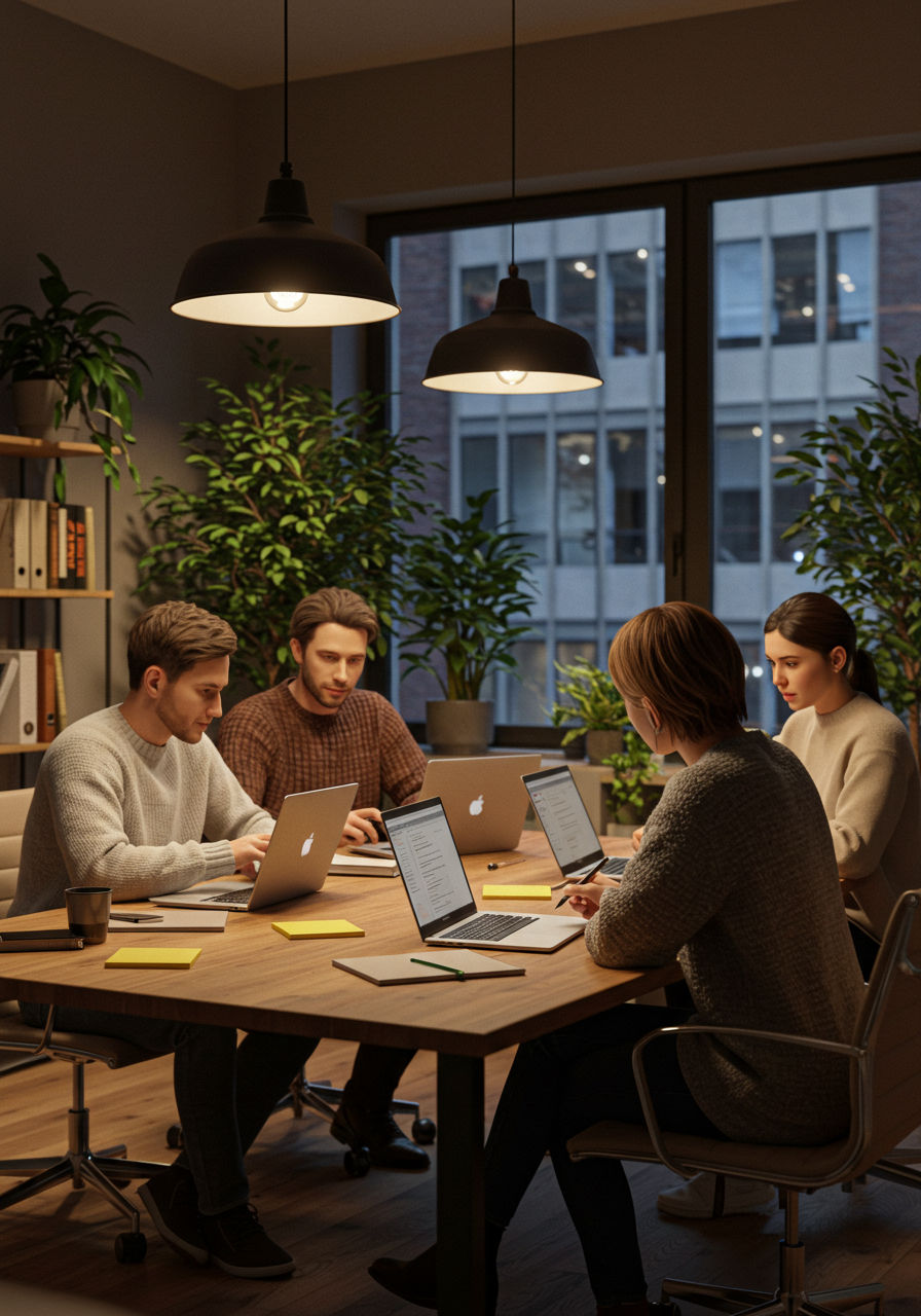 Modern Business Team Working On Laptops In Stylish Office