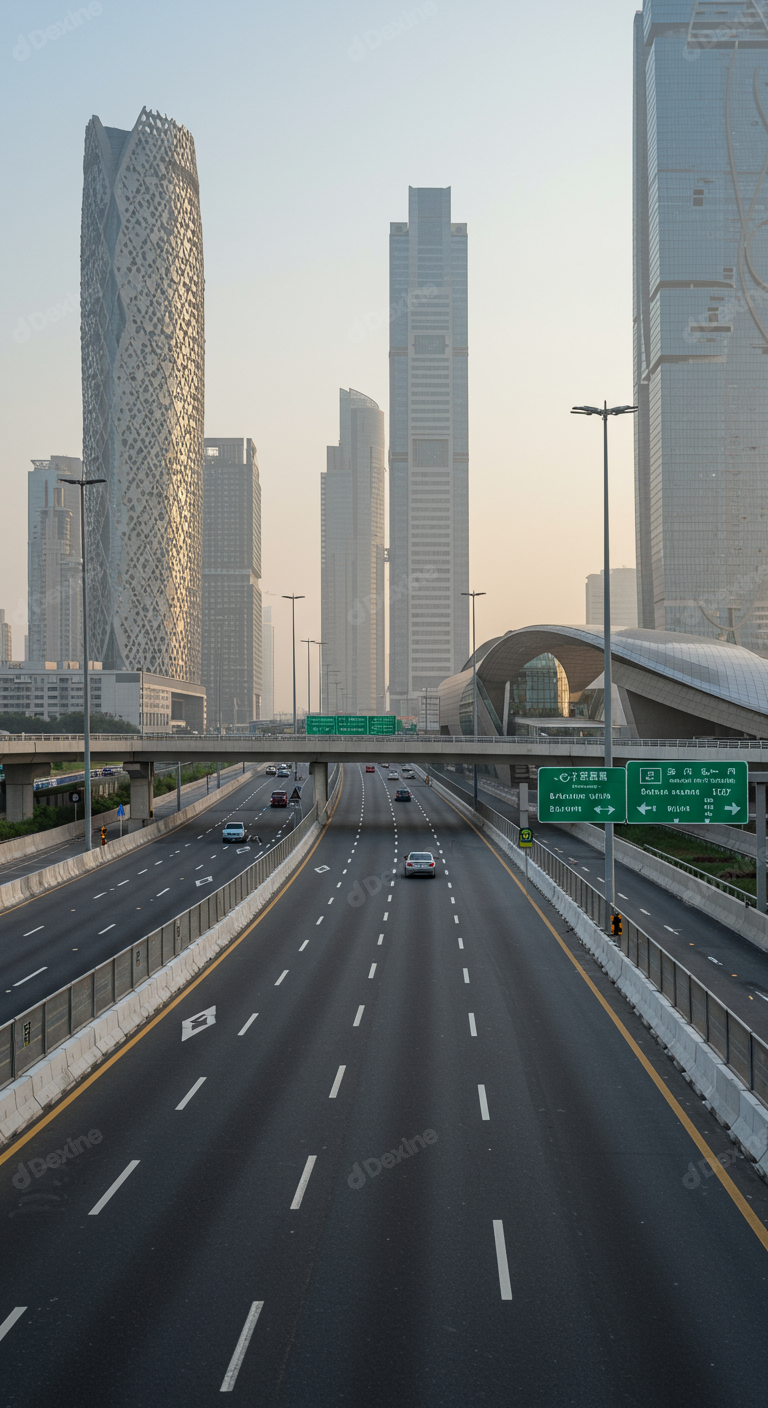 Modern City Highway With Skyscrapers And Metro Station In Dubai
