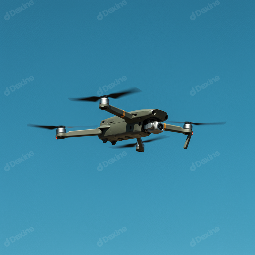 Modern Drone With Camera Flying Against Clear Blue Sky