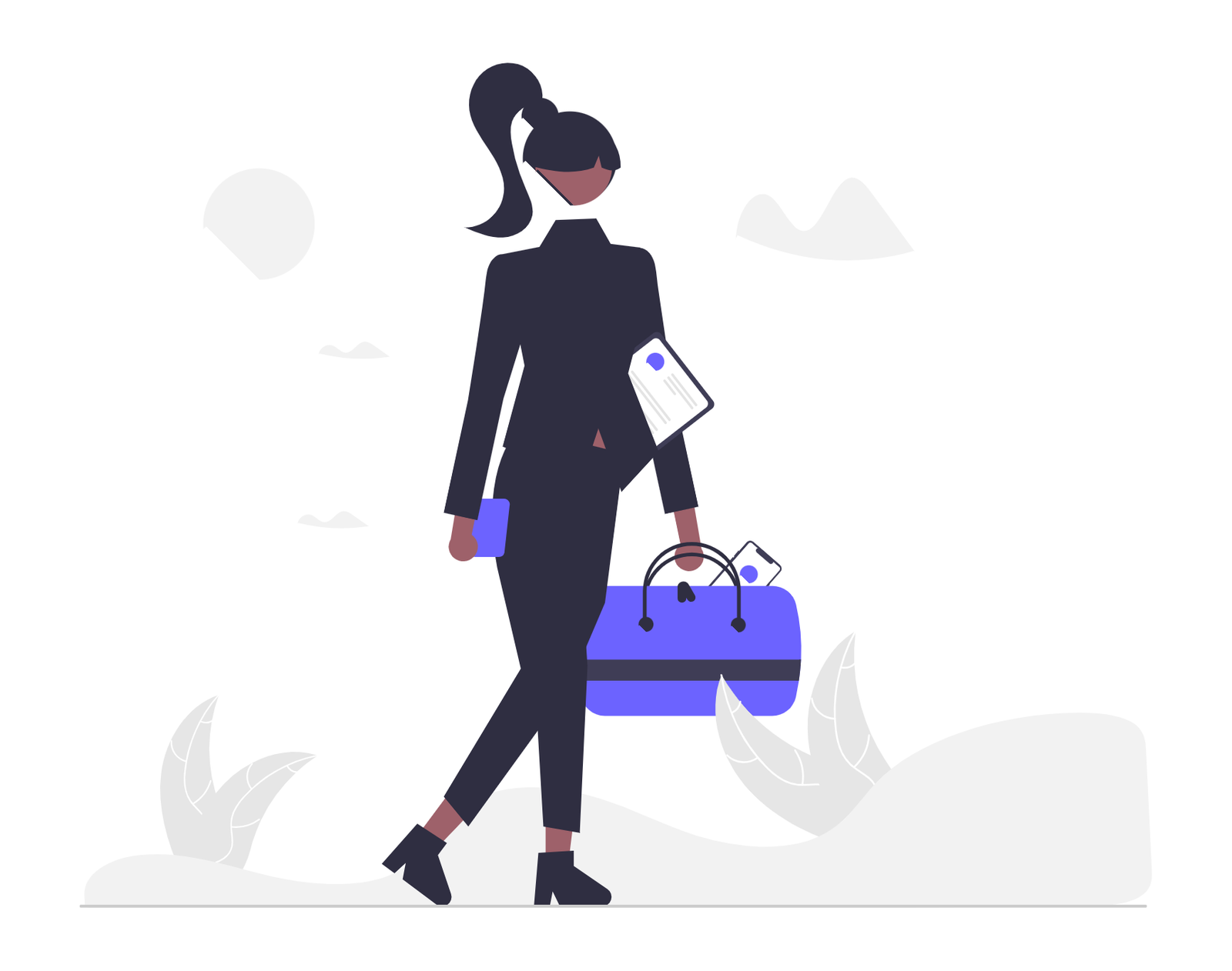 Modern Flat Illustration Of Businesswoman Walking With Documents And Bag