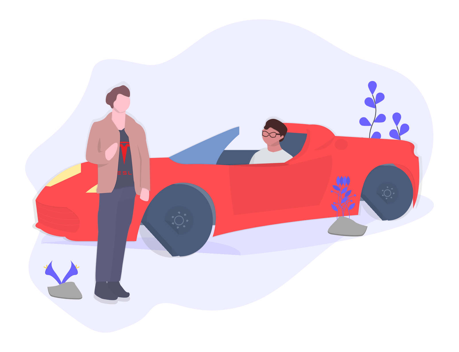 Modern Flat Illustration Of Friends With A Red Electric Sports Car