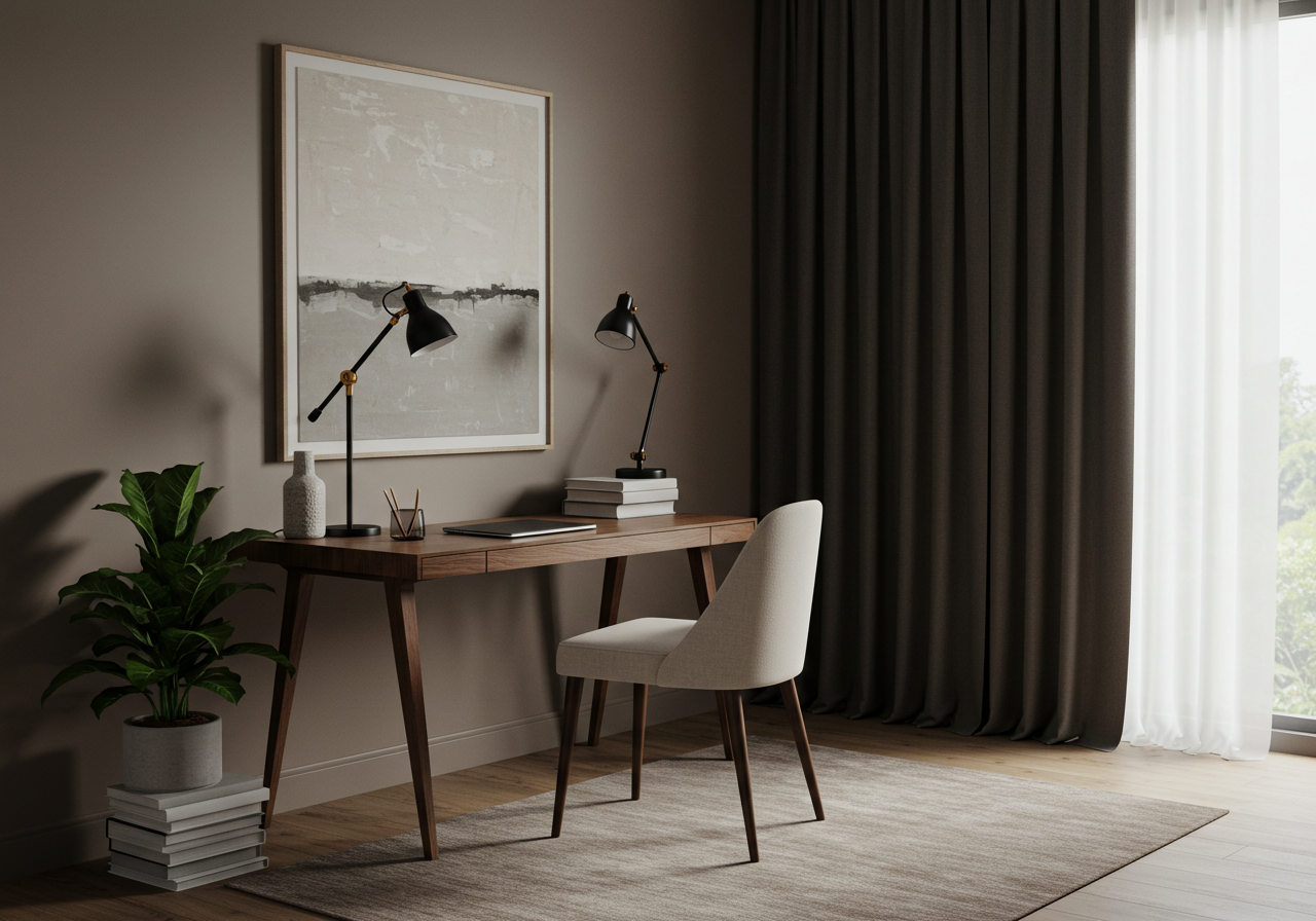 Modern Home Office Interior With Stylish Wooden Desk And Minimalist Decor