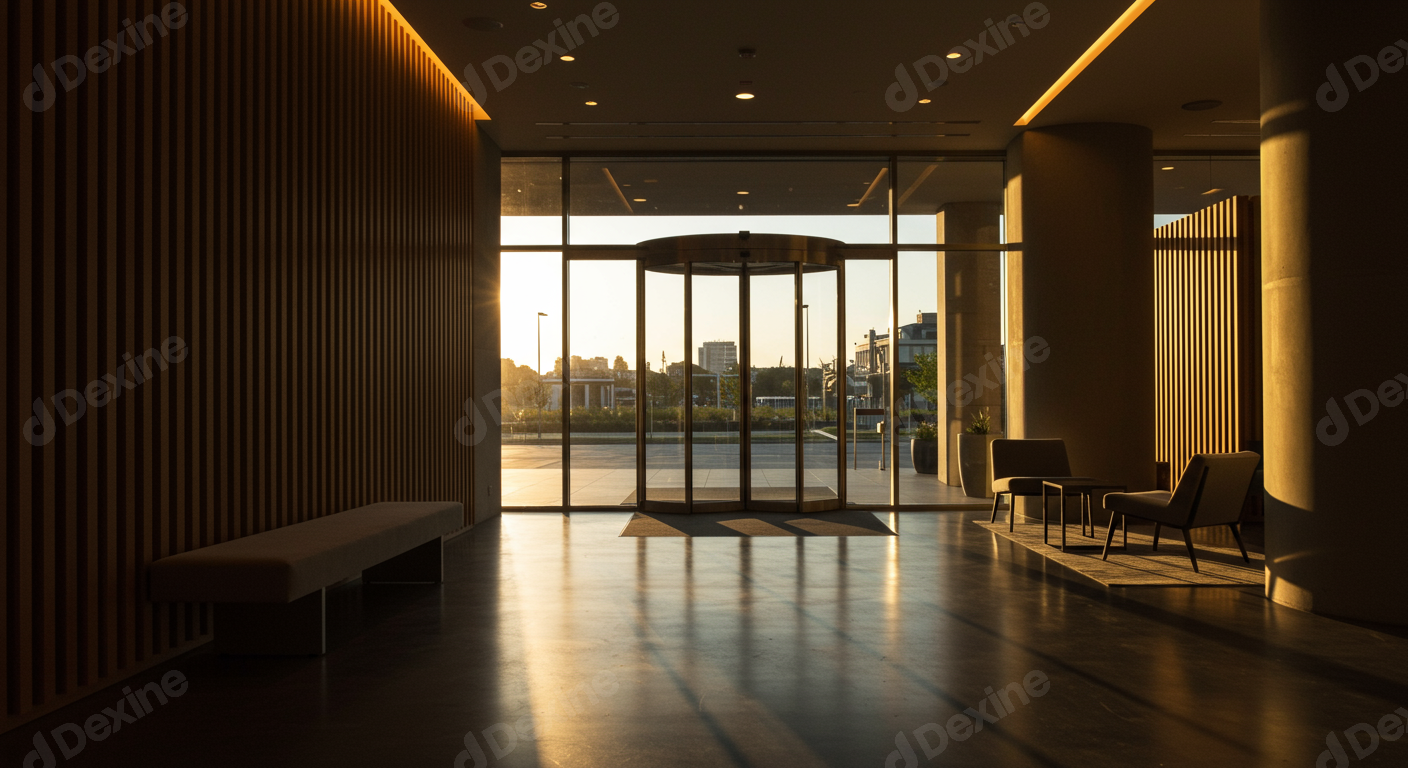 Modern Lobby Interior Bathed In Golden Hour Sunlight