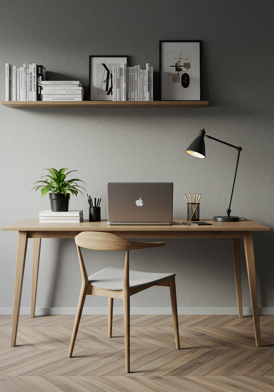 Modern Minimalist Home Office Workspace With Laptop Desk And Stylish Decor