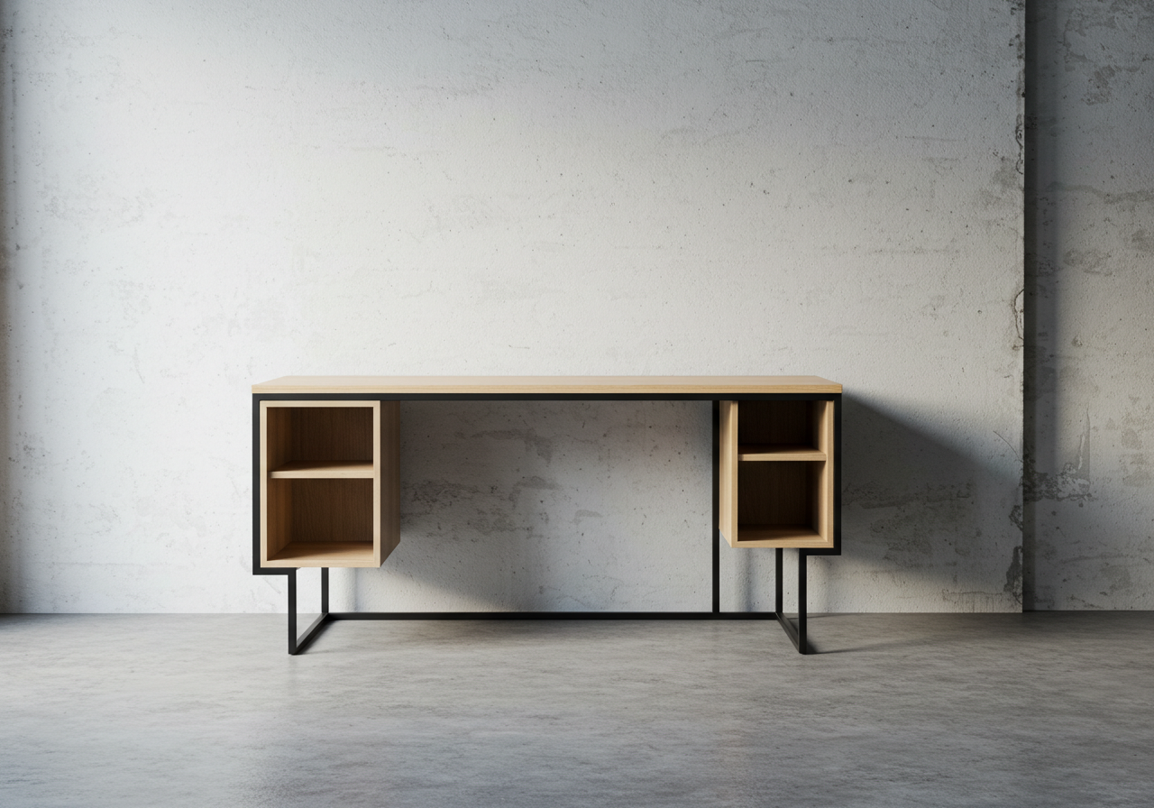 Modern Minimalist Wooden Desk Against Industrial Concrete Wall Background