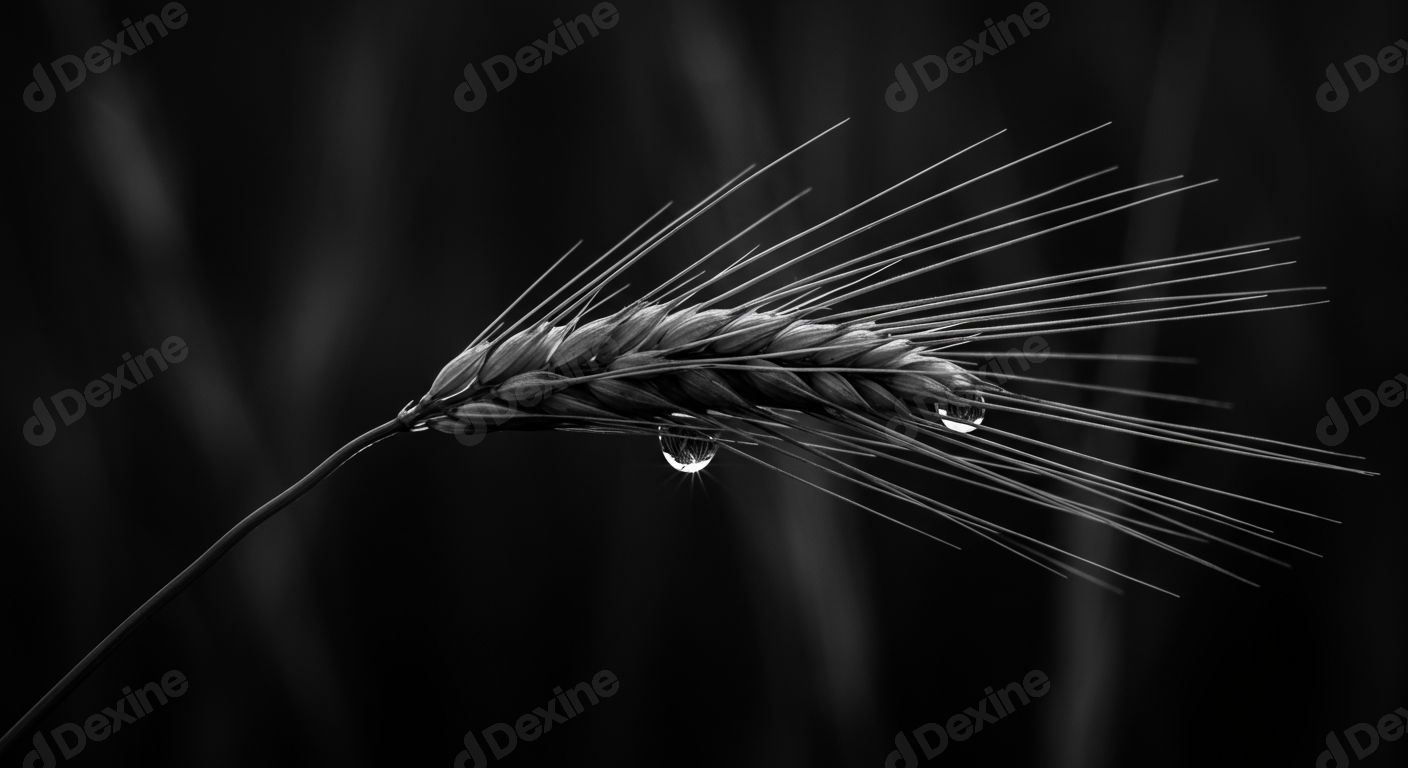 Monochrome Wheat Ear With Sparkling Water Droplets Macro