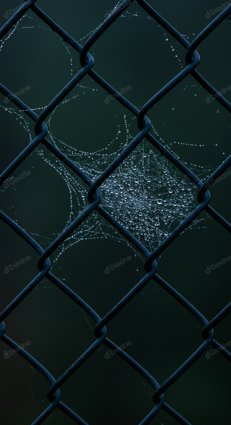 Morning Dew Drops On Intricate Spiderweb Woven Into Chain Link Fence