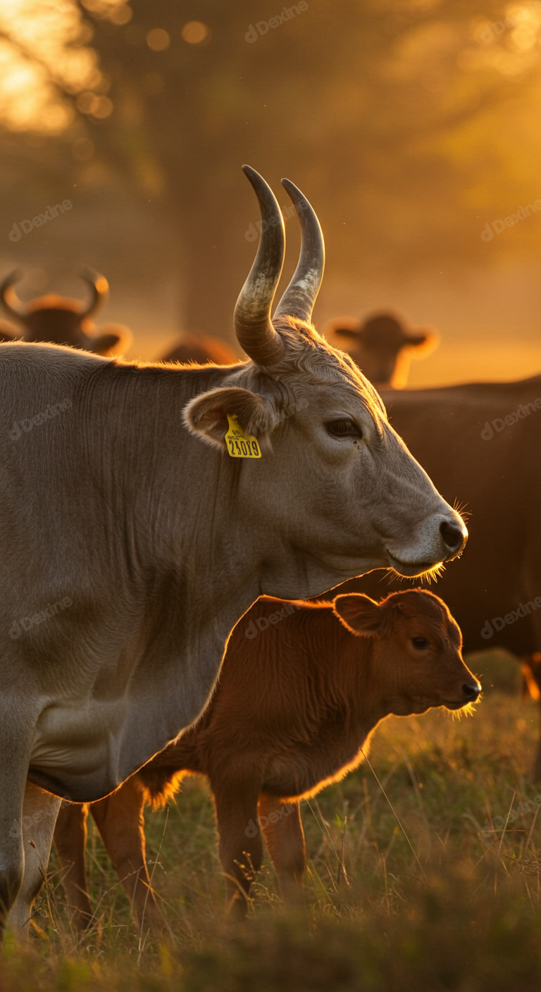 Mother Cow And Calf Bathed In Golden Hour Light In A Grassy Field