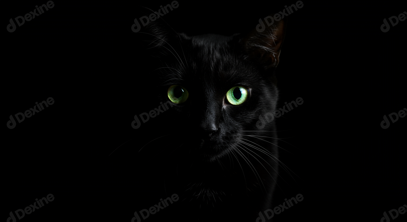 Mysterious Black Cat With Piercing Green Eyes In Darkness