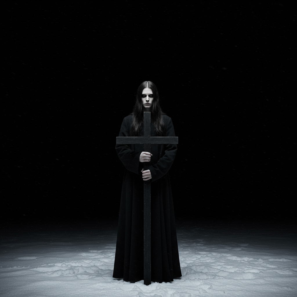 Mysterious Figure Holding Cross In Dark Winter Snow