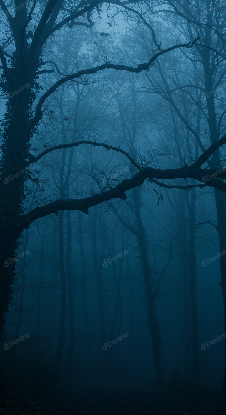 Mysterious Forest With Bare Trees Shrouded In Eerie Blue Fog