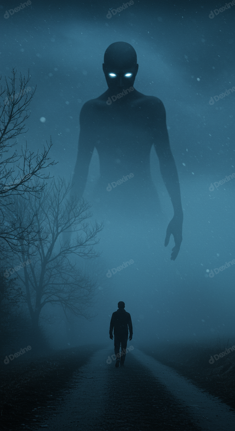 Mysterious Giant With Glowing Eyes Watches Man In Fog