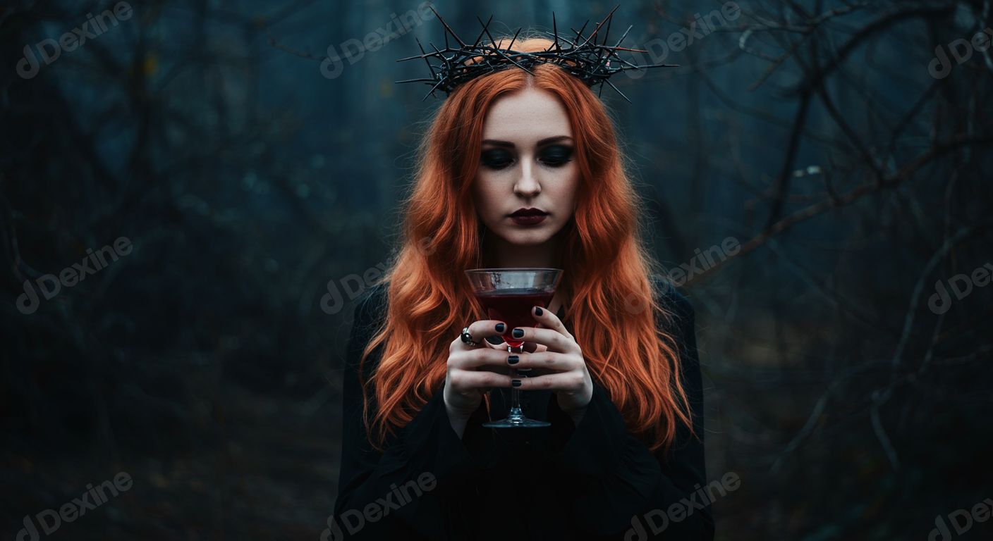Mysterious Gothic Woman With Thorny Crown In Dark Forest Holding Potion