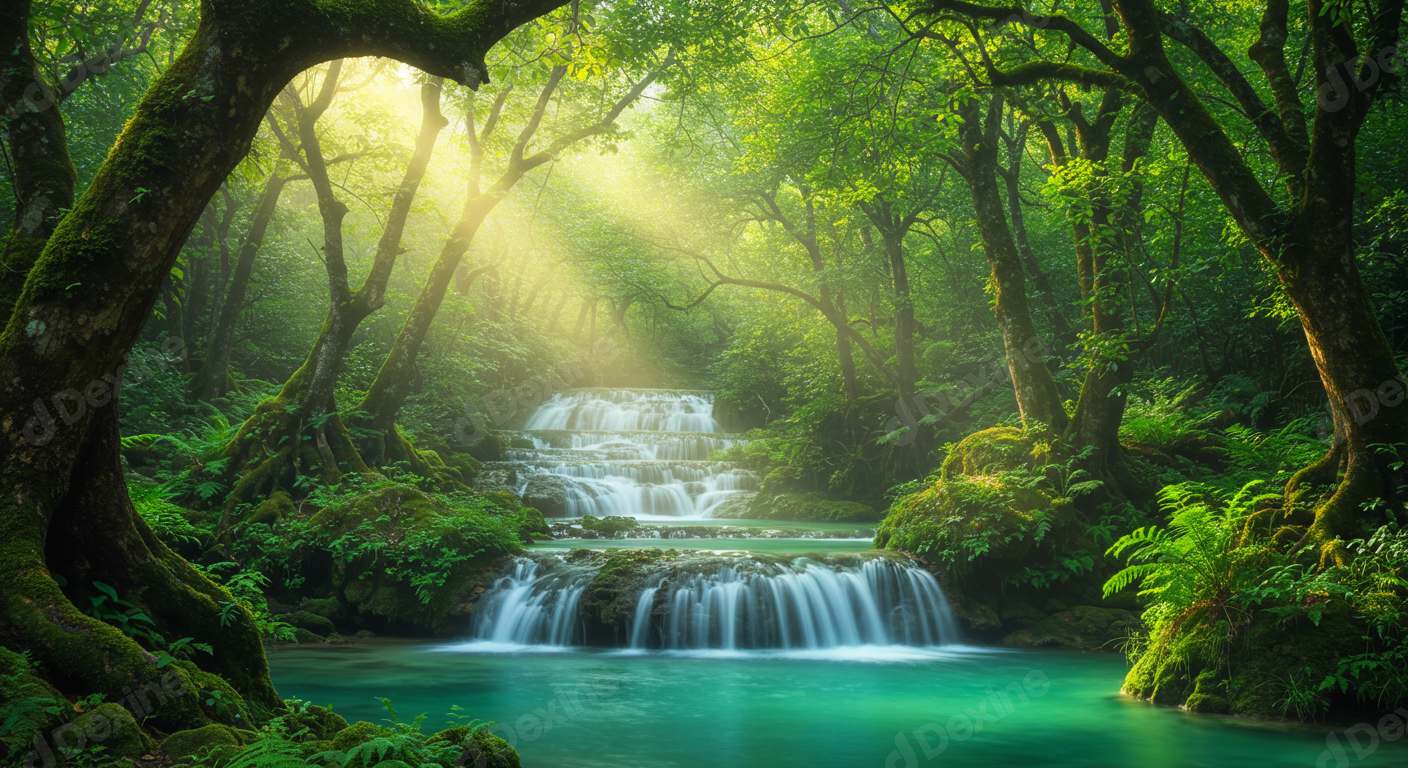 Mystical Forest Waterfall With Sunbeams And Turquoise Water