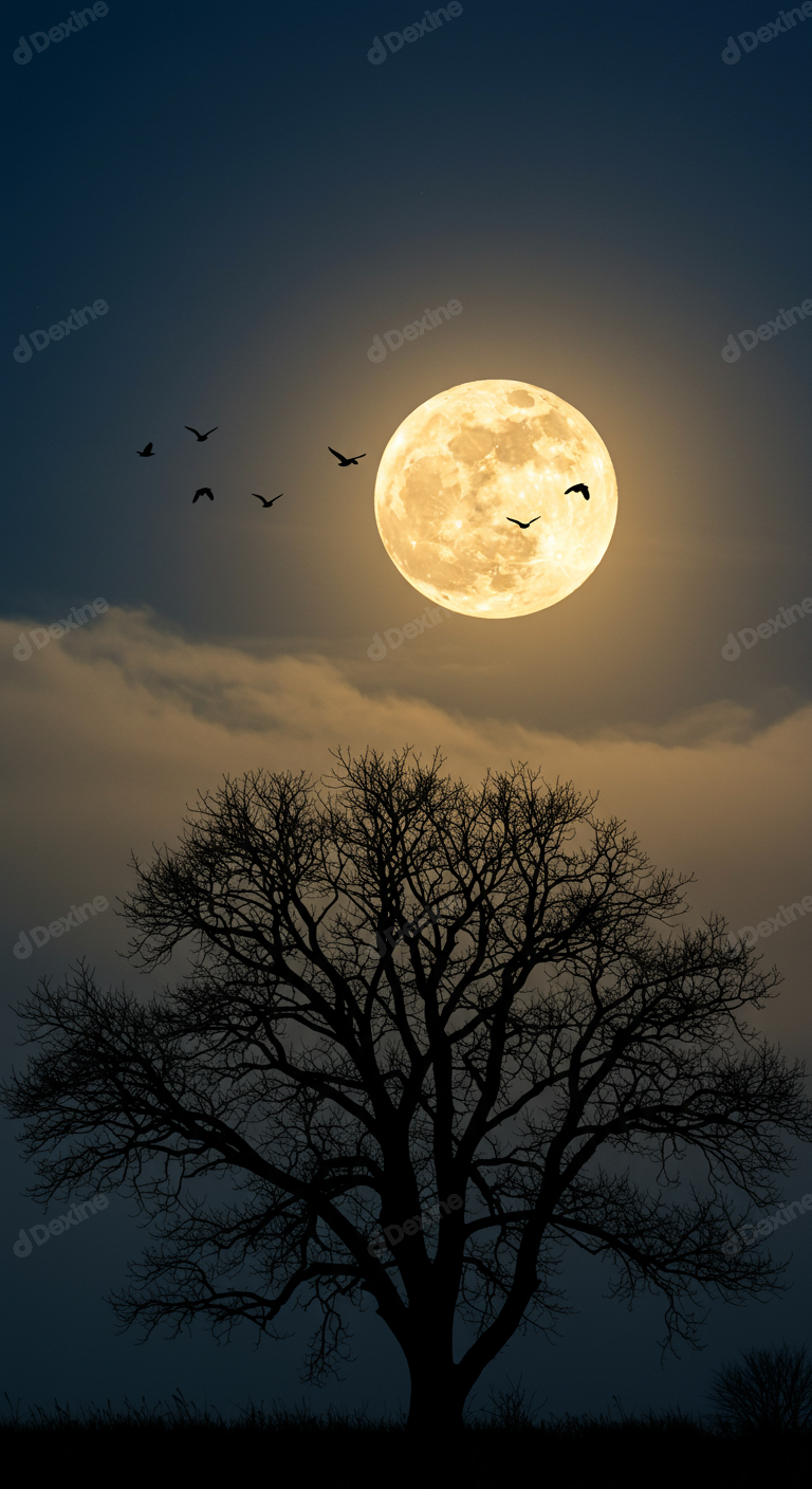 Mystical Full Moon Illuminates Bare Tree Silhouette With Flying Birds