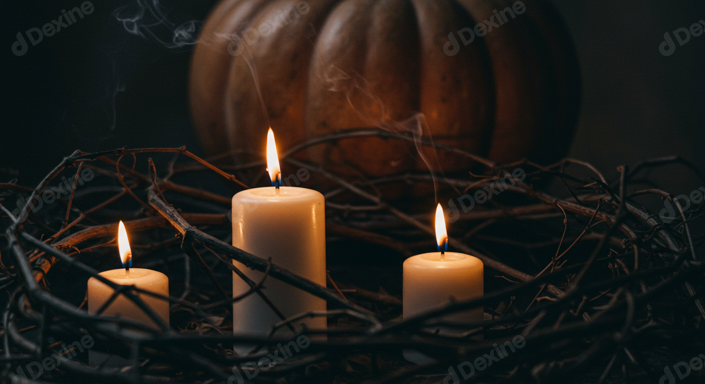 Mystical Halloween Night Lit Candles Twisted Branches And Pumpkin