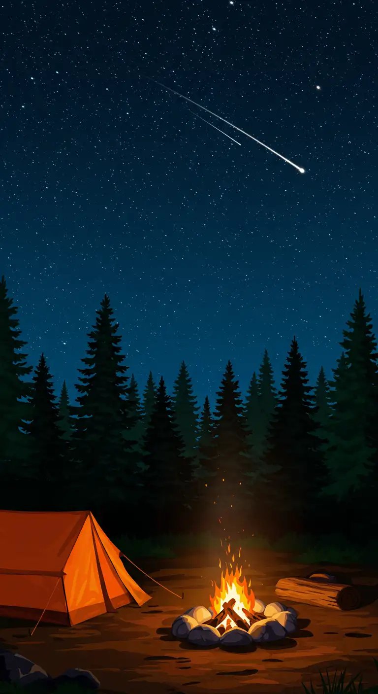 Night Camping Scene With Campfire And Shooting Star In Forest