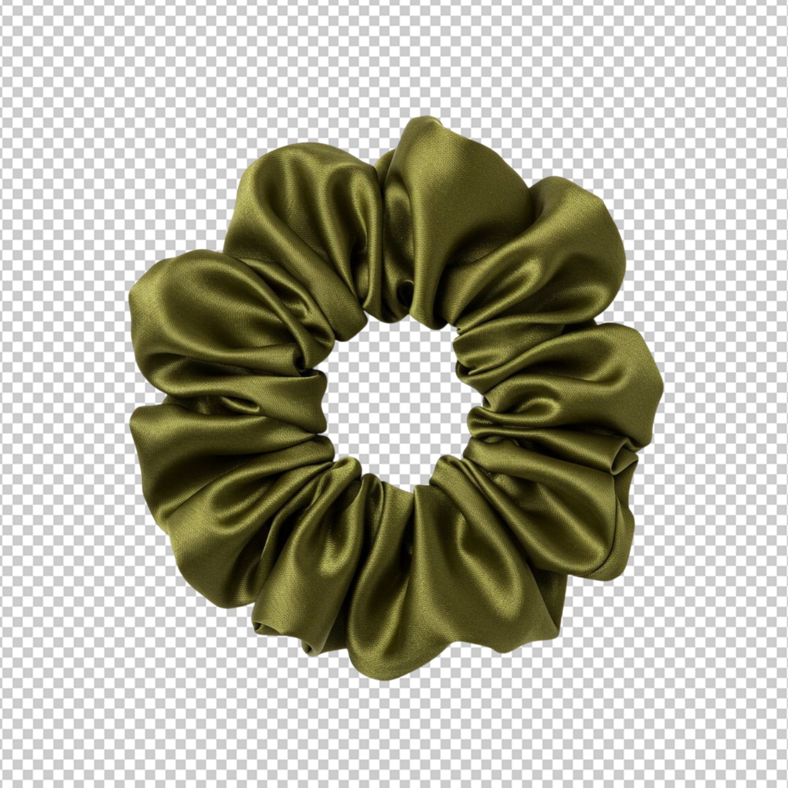 Olive Green Satin Scrunchie Hair Accessory With Transparent Background