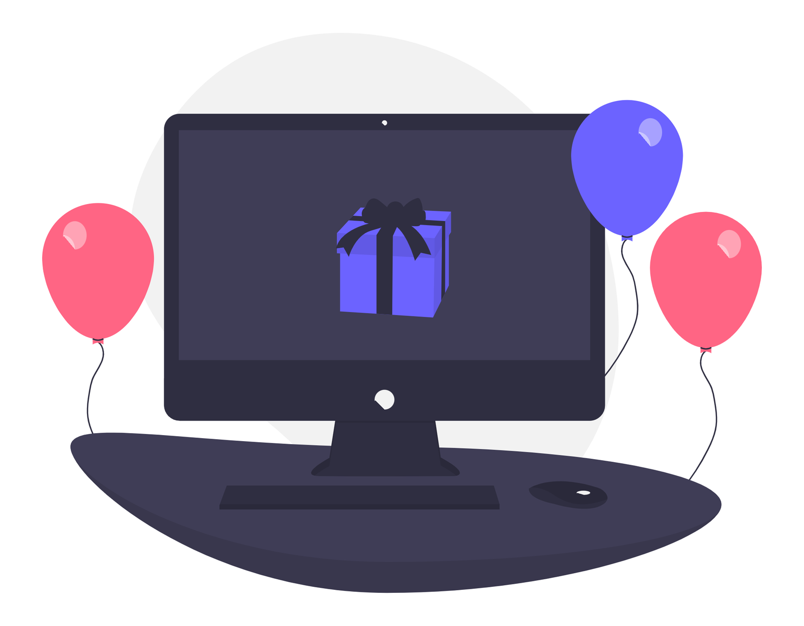 Online Gift Box On Computer Monitor With Celebration Balloons