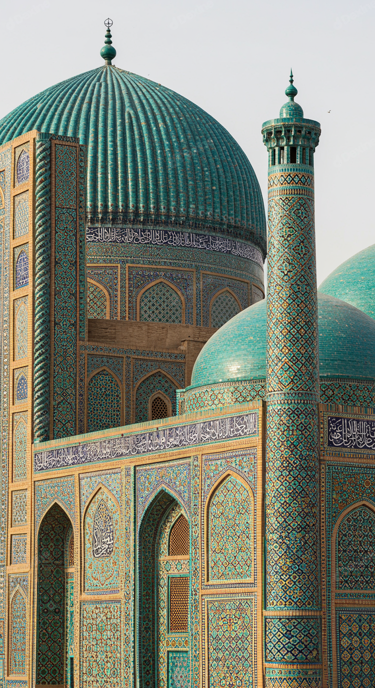 Ornate Islamic Architecture With Turquoise Dome Minaret And Intricate Tilework