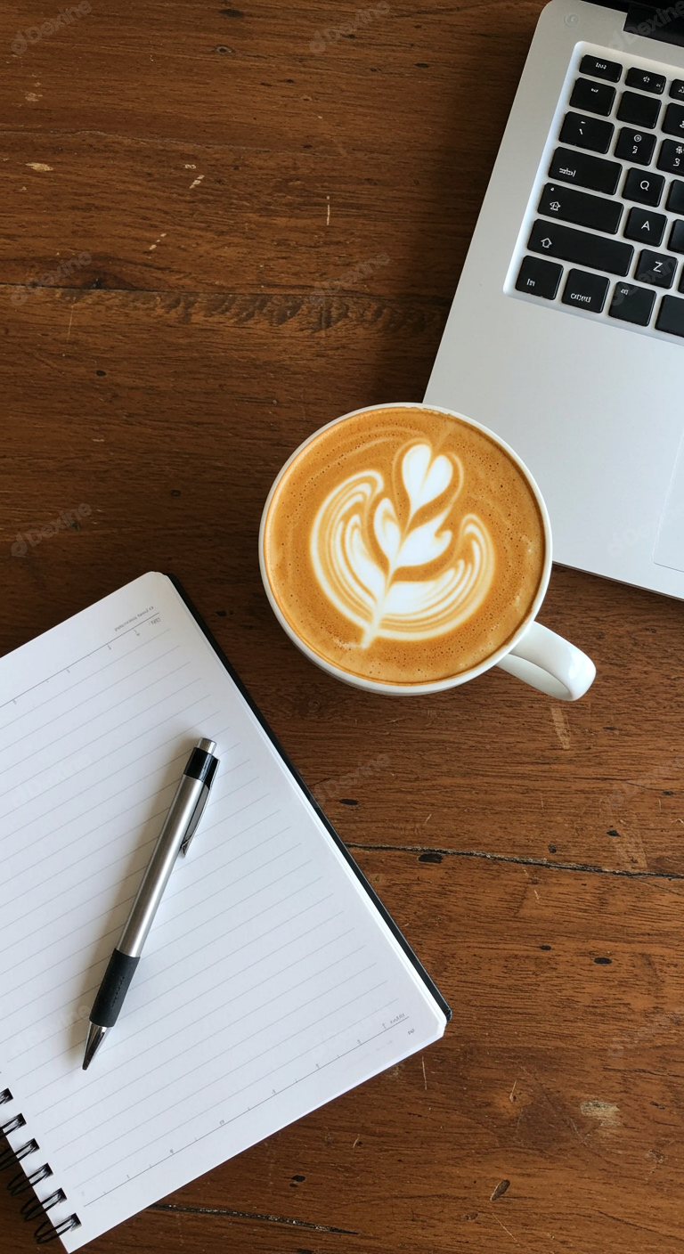 Overhead View Of Coffee Laptop And Notebook On Wooden Desk