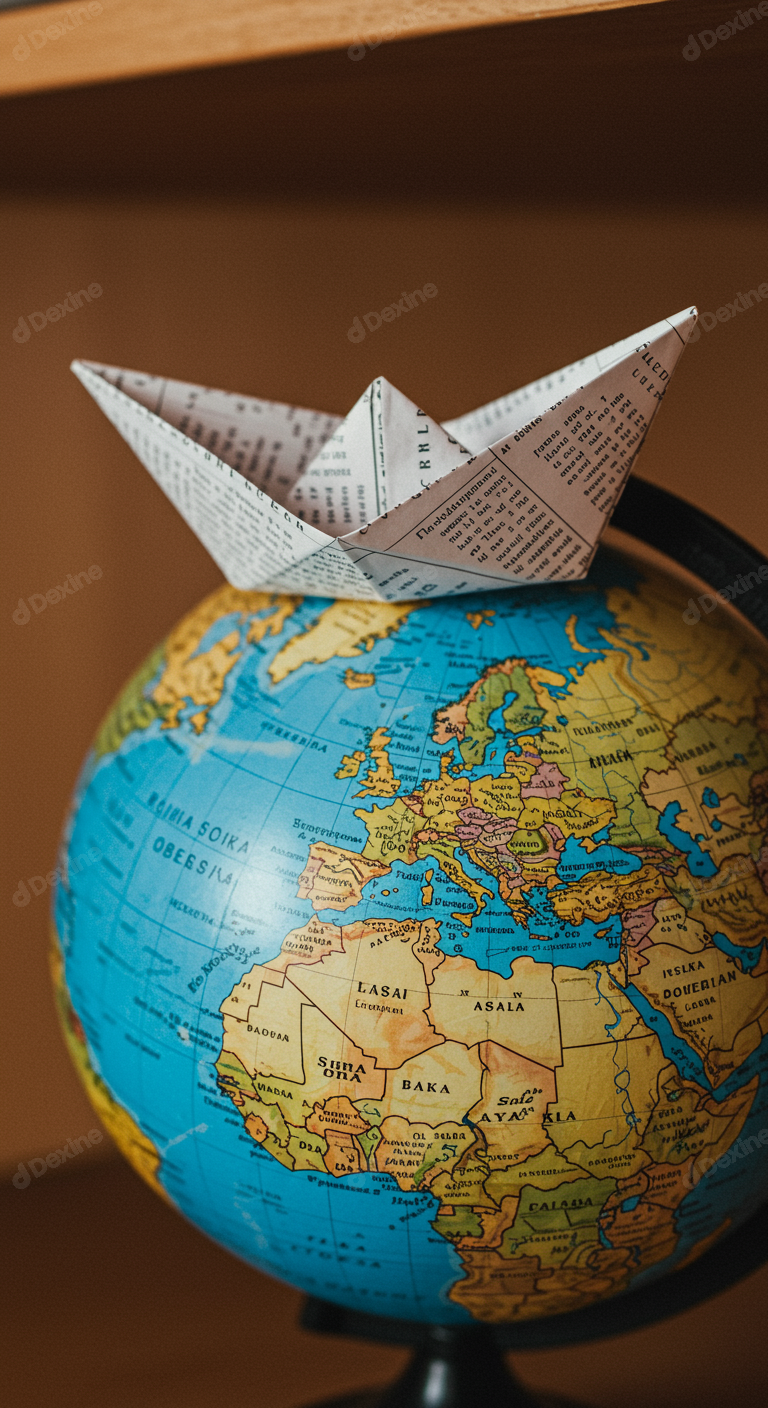 Paper Boat On World Globe Global Travel Exploration And Education Concept